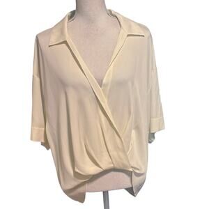Theory Size L Short Sleeve Twist Blouse Silk Cream TINY FLAW Minimal Capsule